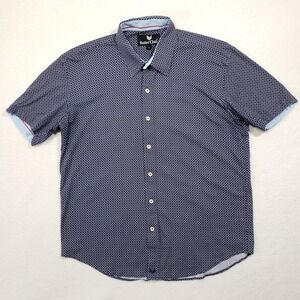 Butter Cloth Button Down Shirt Mens Large Navy Blue Geometric Print Short Sleeve